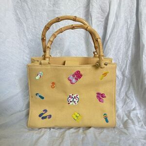 Tianni Women's Bamboo Double Handle Slippers Embroidered Cream Tote Bag